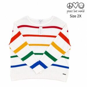 Peace Love World Sweater 2X Rainbow Stripe Knit Oversized NWT Cozy